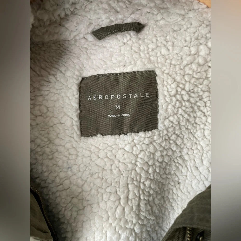 Aeropostale Women's Jacket Olive Green Parka Faux Fur Hood front zip snap button - Picture 6 of 6